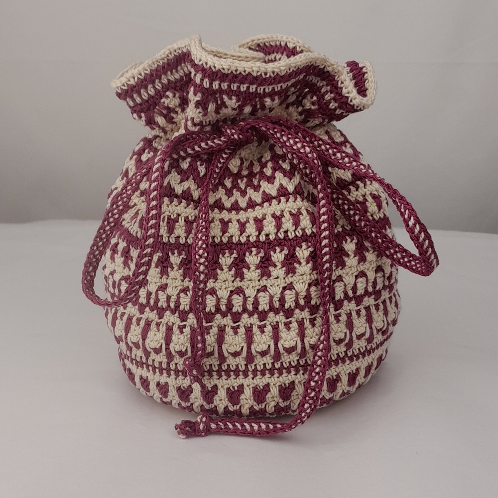 Handmade Cream Magenta Crocheted Drawstring Bag Pouch